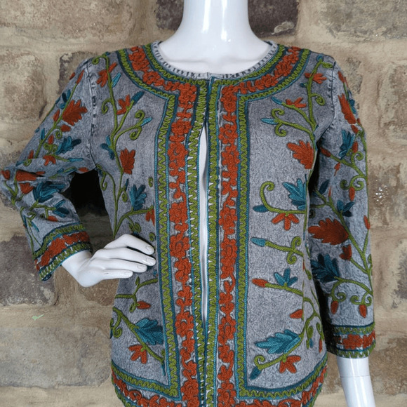 Parsley & Sage Jacket Woman's Medium Gray Stonewash‎ Embroidered Lagenlook - Picture 1 of 14